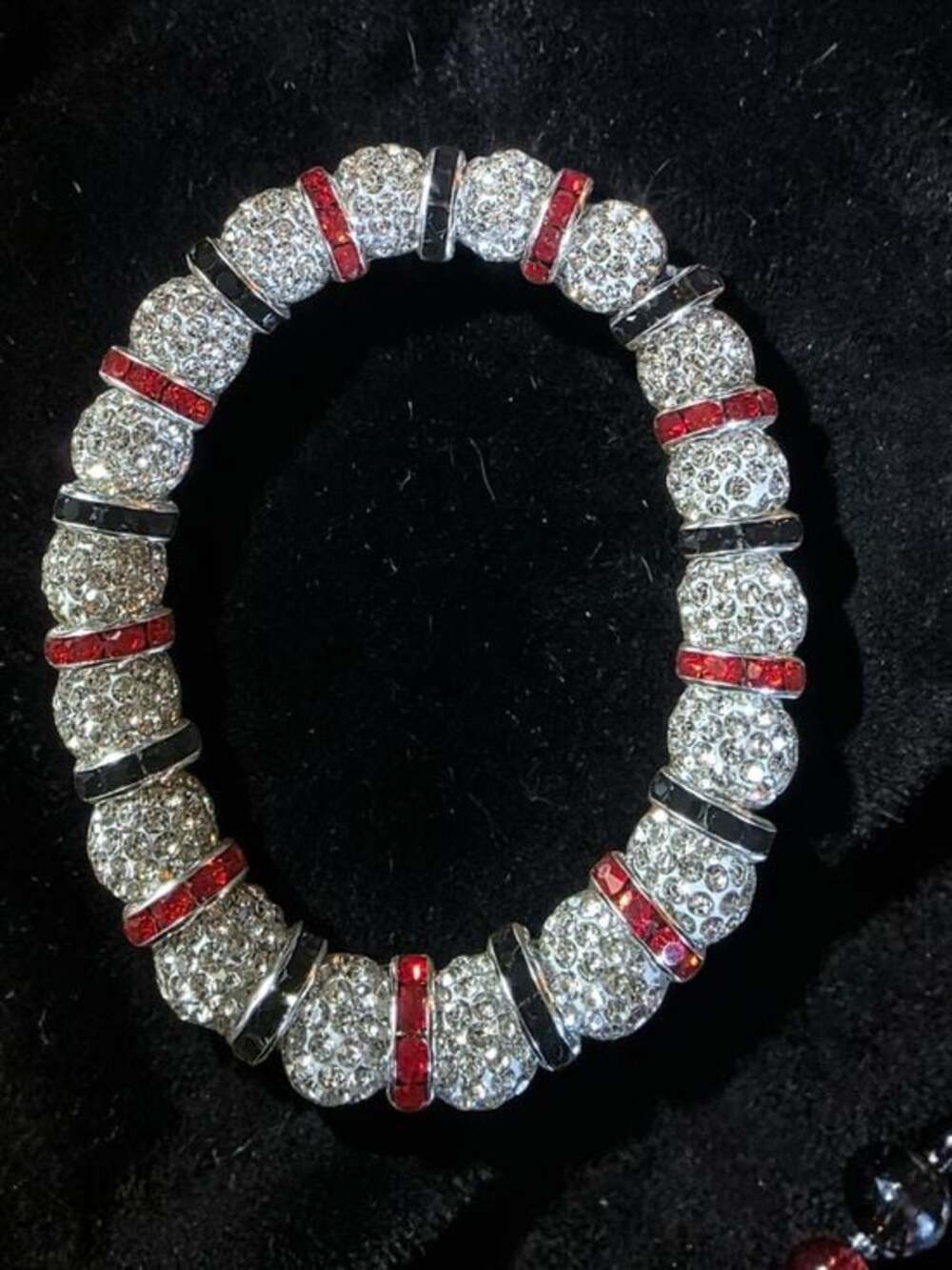 Red Black and Clear Crystal Pave Beaded Stretch Bracelet